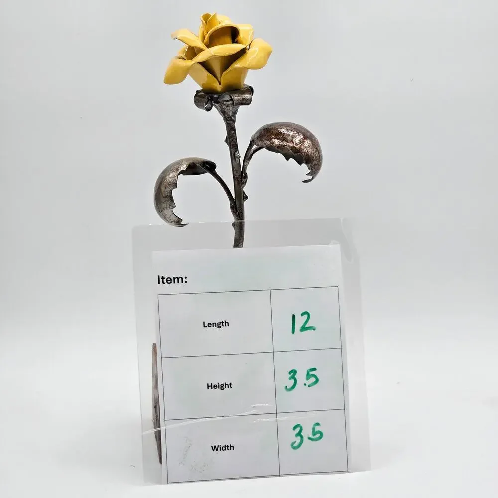 Signed Hand Forged Metal Rose Sculpture Yellow Heat Painted Blacksmith Art 2019
